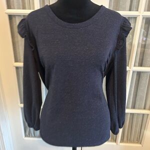 LOFT Outlet Navy Blue Knit Ruffle Long Sleeve Women's Regular Blouse Size L